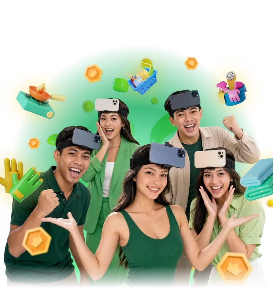 Filipino GIG Rewards members wearing phone head mounts for AI quests